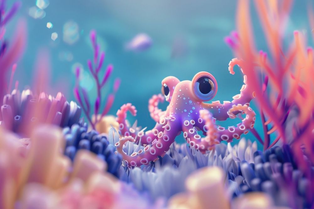 Cute Octopus and beautiful corals underwater fantasy background octopus outdoors animal.