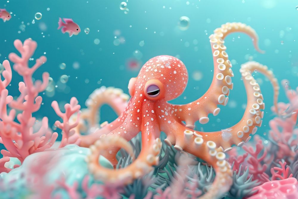 Cute Octopus and beautiful corals underwater fantasy background octopus animal invertebrate.