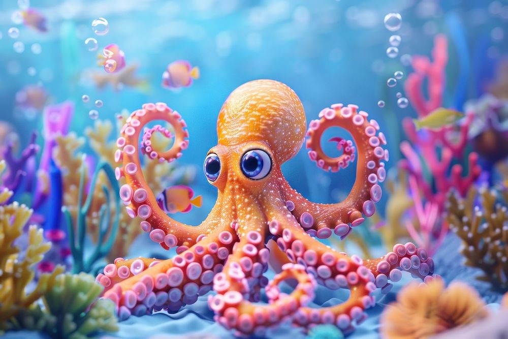 Cute Octopus and beautiful corals underwater fantasy background octopus animal fish.