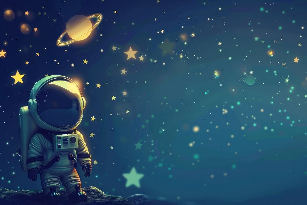 Cute astronaut in space fantasy background cartoon astronomy universe.