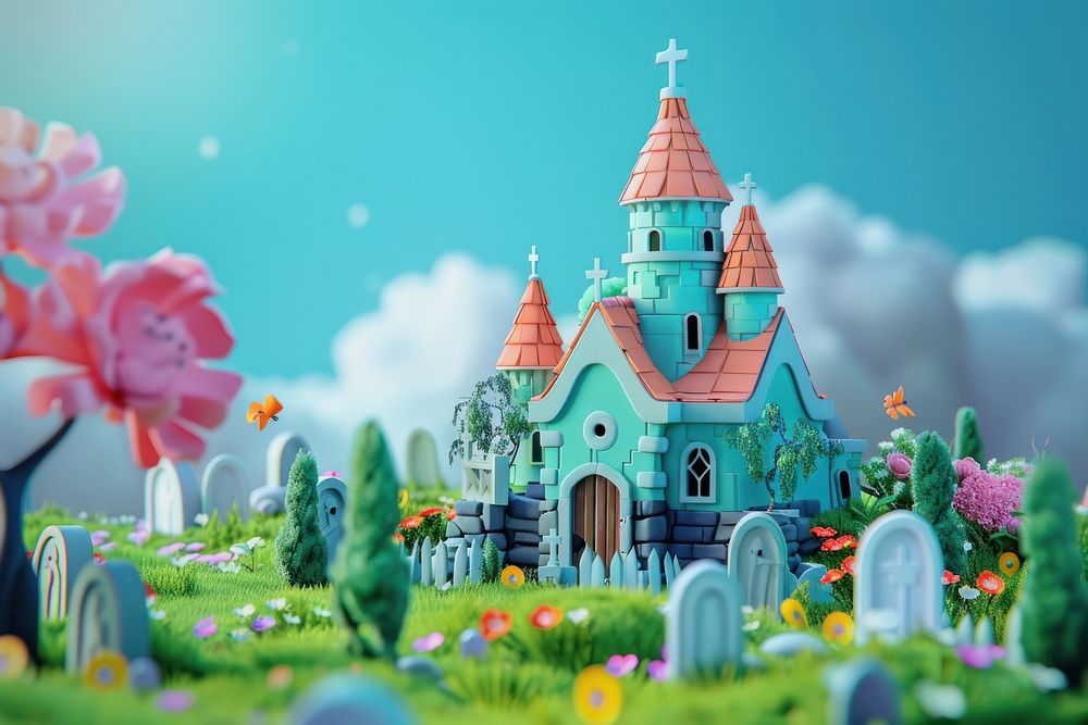 Cute castle at cemetery background outdoors cartoon nature.