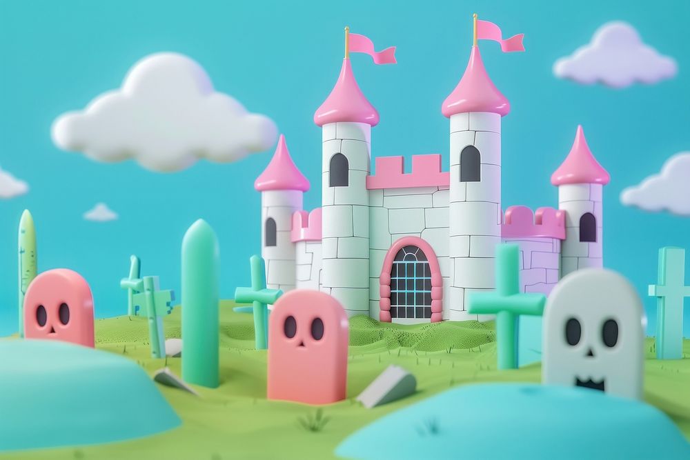 Cute castle at cemetery background outdoors cartoon representation.