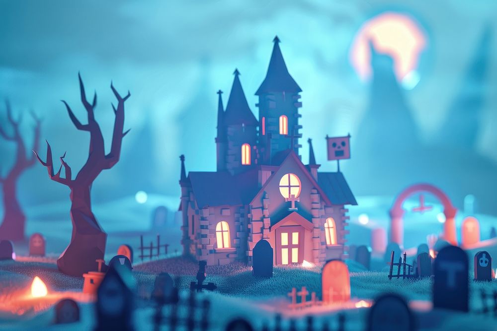 Cute castle at cemetery background cartoon jack-o'-lantern representation.