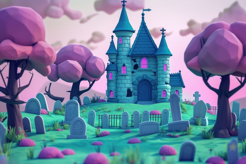 Cute castle in cemetery background cartoon outdoors purple.