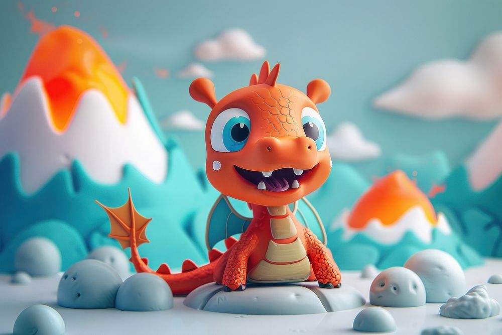Cute dragon with volcano fantasy background cartoon representation creativity.