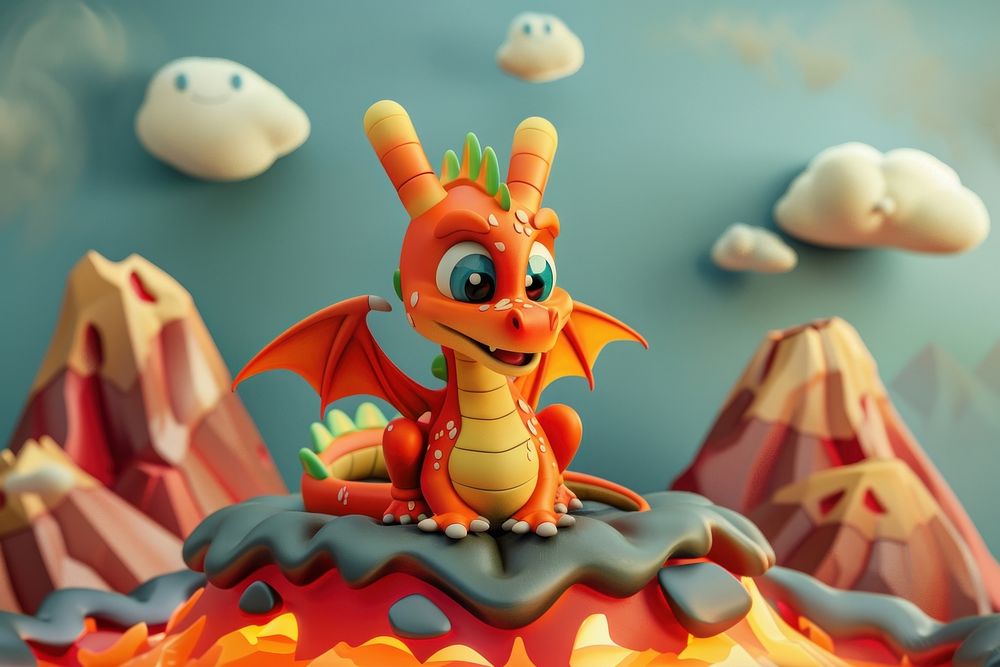 Cute dragon with volcano fantasy background cartoon representation celebration.