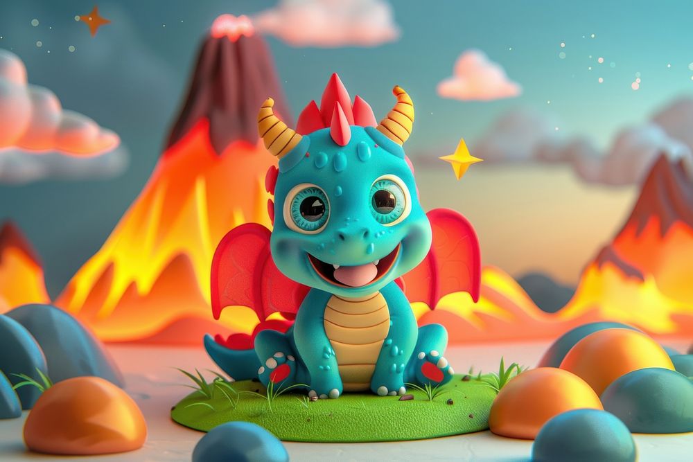 Cute dragon with volcano fantasy background cartoon representation creativity.