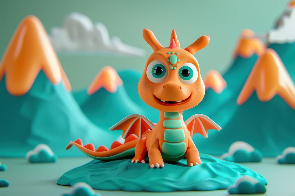 Cute dragon with volcano fantasy background figurine cartoon toy.