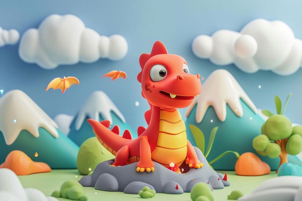 Cute dragon and volcano fantasy background cartoon representation creativity.