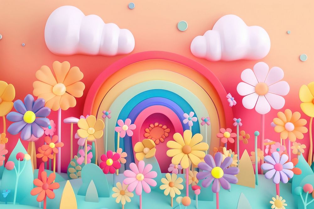 Cute flower garden with rainbow fantasy background backgrounds plant art.
