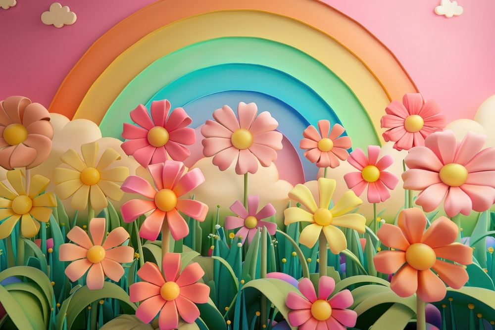 Cute flower garden with rainbow fantasy background art backgrounds pattern.