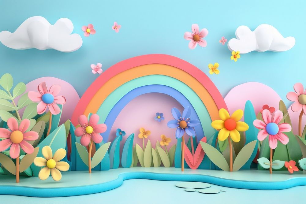 Cute flower garden with rainbow fantasy background cartoon plant representation.