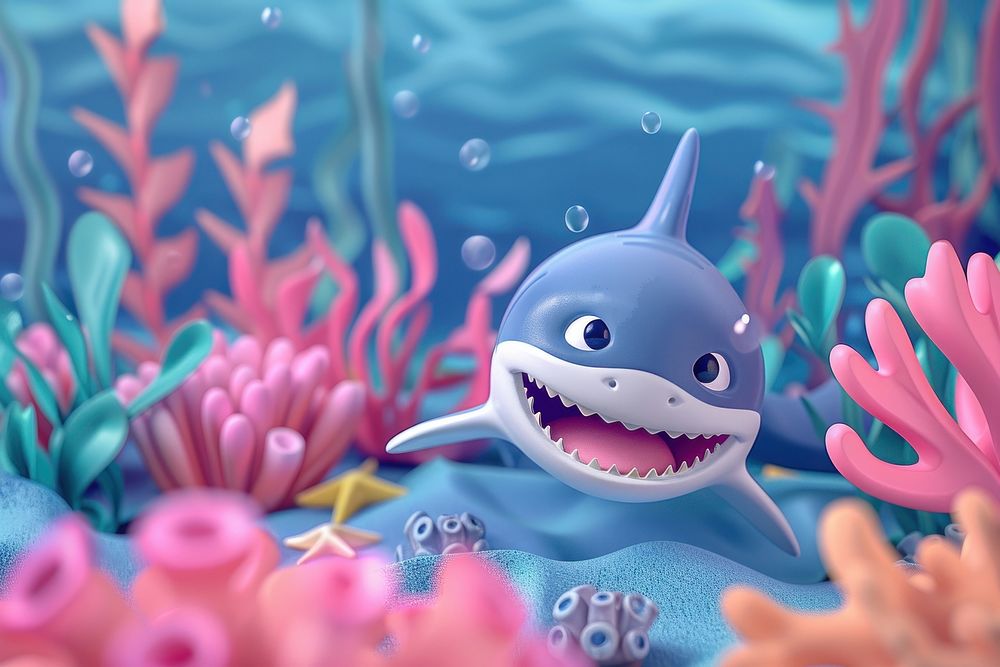Cute shark and beautiful corals underwater fantasy background cartoon outdoors nature.