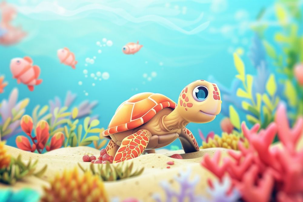 Cute turtle and beautiful corals underwater fantasy background outdoors reptile cartoon.