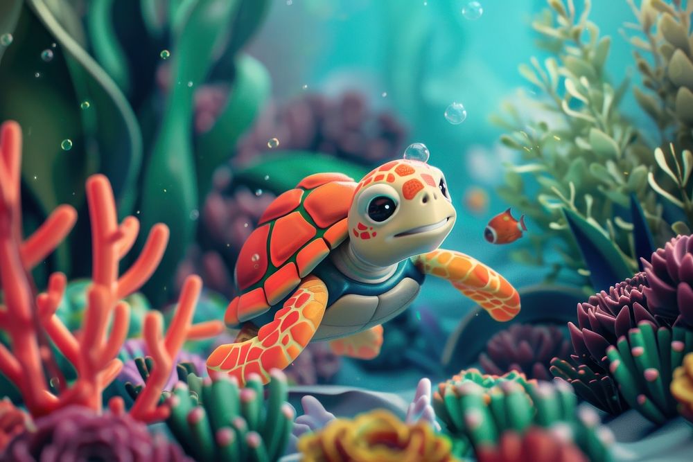 Cute turtle and beautiful corals underwater fantasy background cartoon outdoors animal.