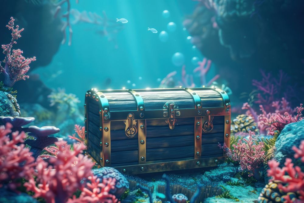 Cute treasure chest and beautiful corals underwater fantasy background outdoors nature shipwreck.