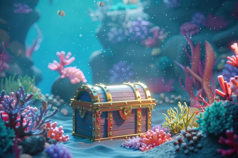 Cute treasure chest and beautiful corals underwater fantasy background outdoors nature sea.