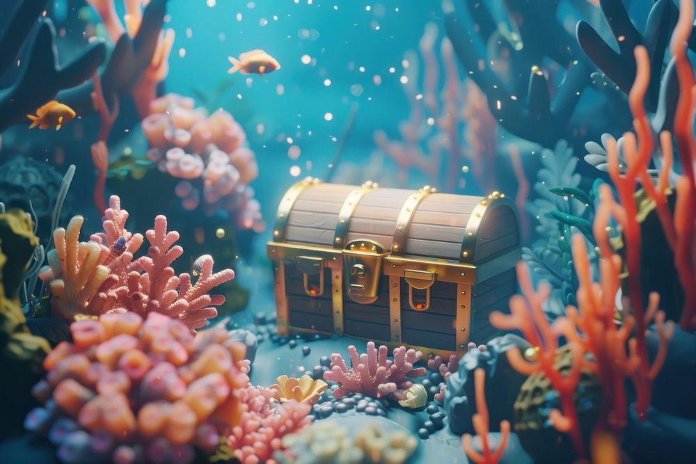 Cute treasure chest and beautiful corals underwater fantasy background outdoors nature fish.