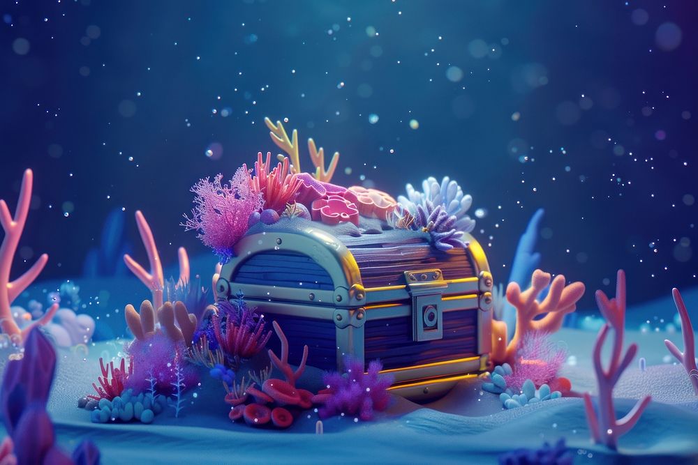 Cute treasure chest and beautiful corals underwater fantasy background outdoors nature undersea.