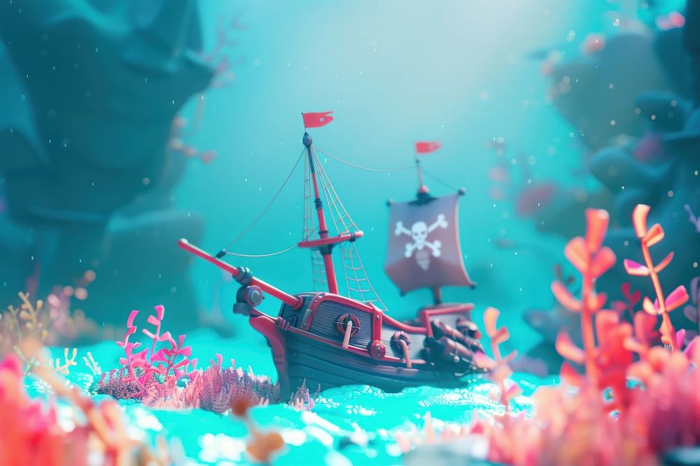 Cute underwater pirate ship wreckage fantasy background outdoors nature sea.