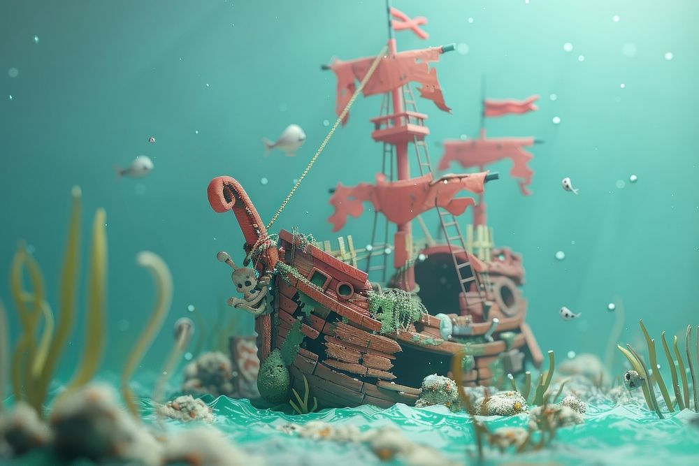 Cute underwater pirate ship wreckage fantasy background shipwreck outdoors nature.