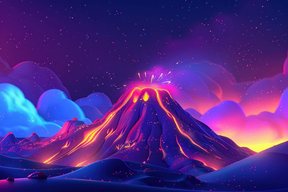 Cute volcano fantasy background mountain nature night.