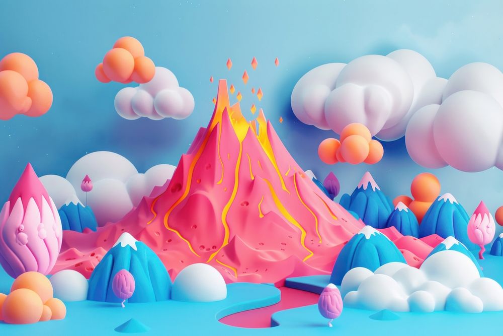 Cute volcanic eruption fantasy background balloon cartoon nature.