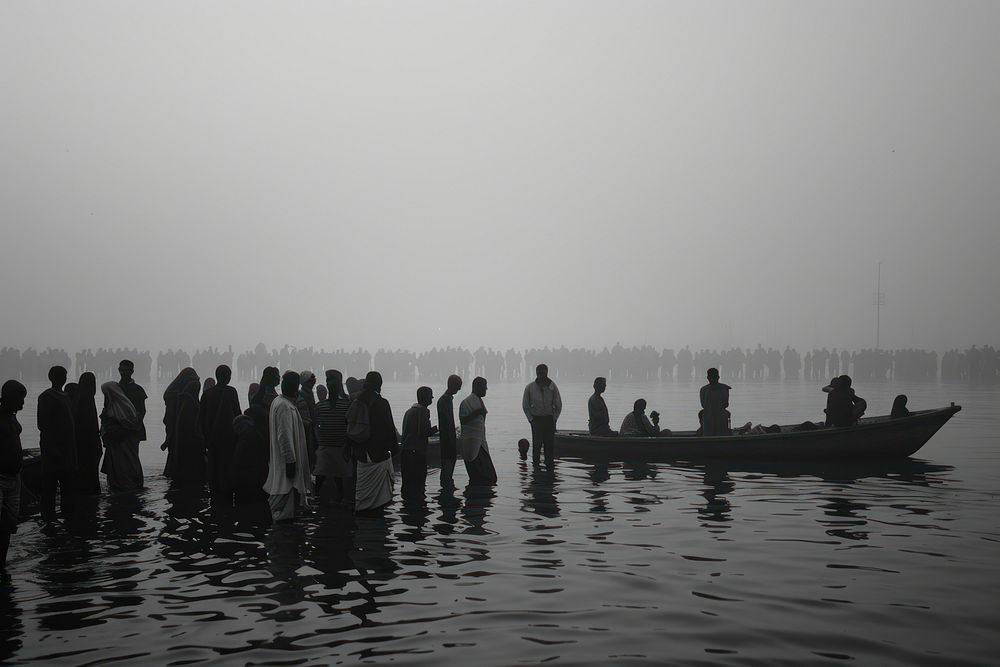 Hindus gathering transportation waterfront silhouette.