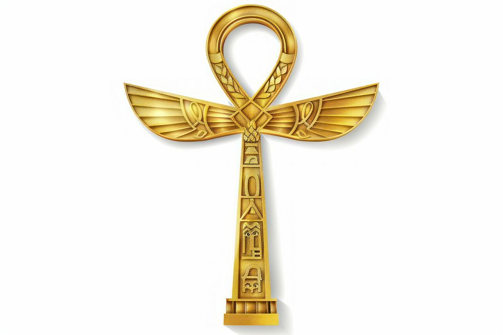 Egyptian Ankh gold symbol cross white background.