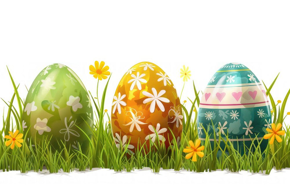 Easter eggs on grass white background celebration decoration.