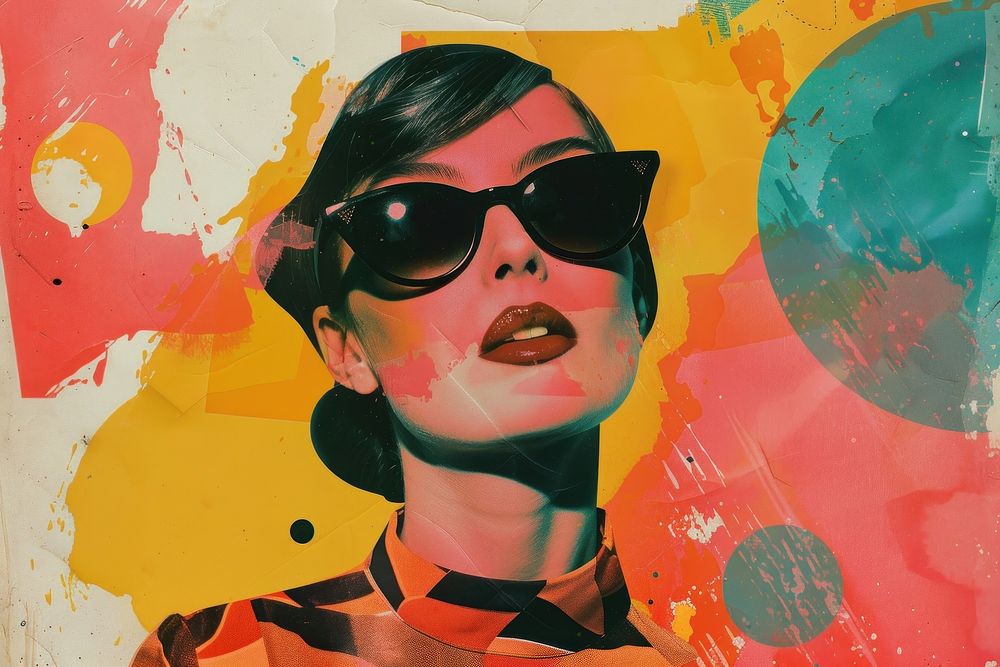 Retro collage of a woman sunglasses art painting.