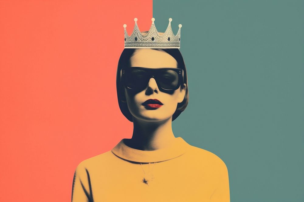 Retro collage of a woman crown sunglasses portrait.