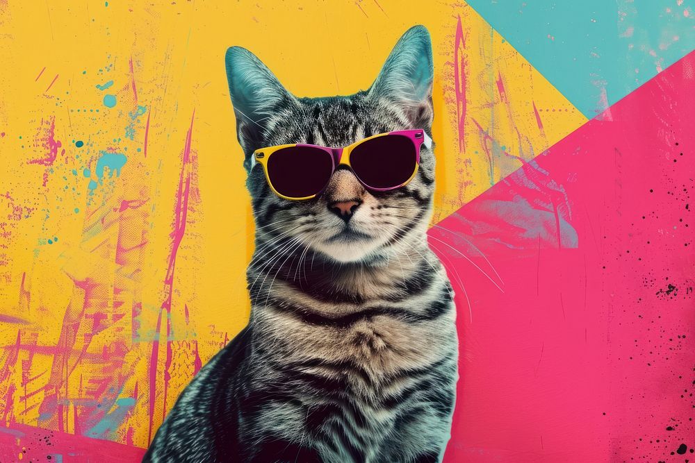 Retro collage of a cat sunglasses portrait animal.