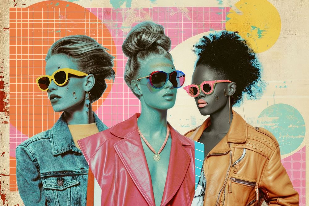 Retro collage of a friend group sunglasses adult art.