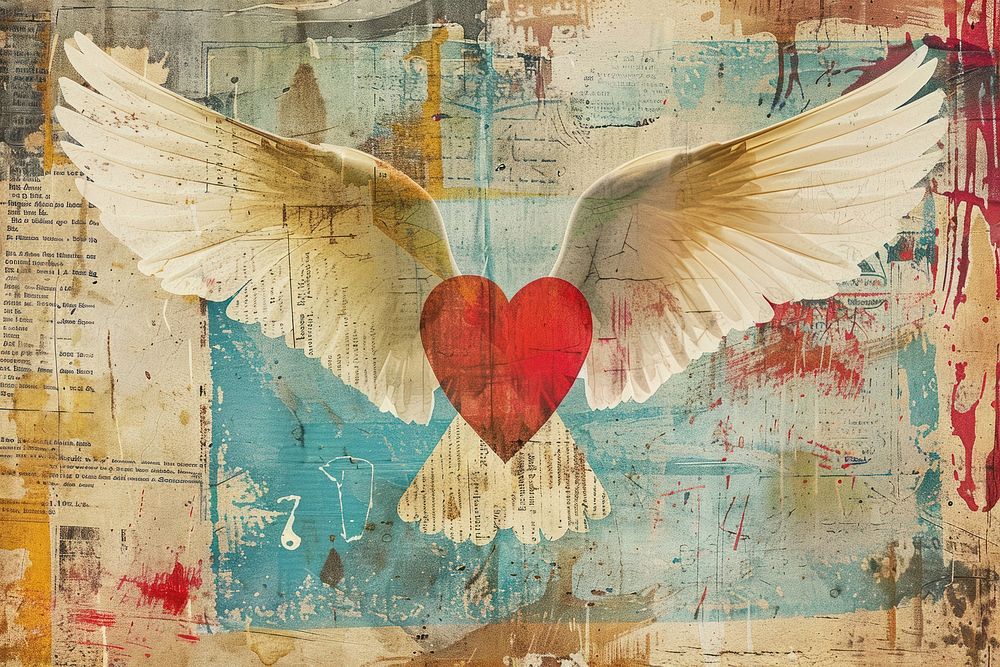Retro collage of a heart wing bird backgrounds.