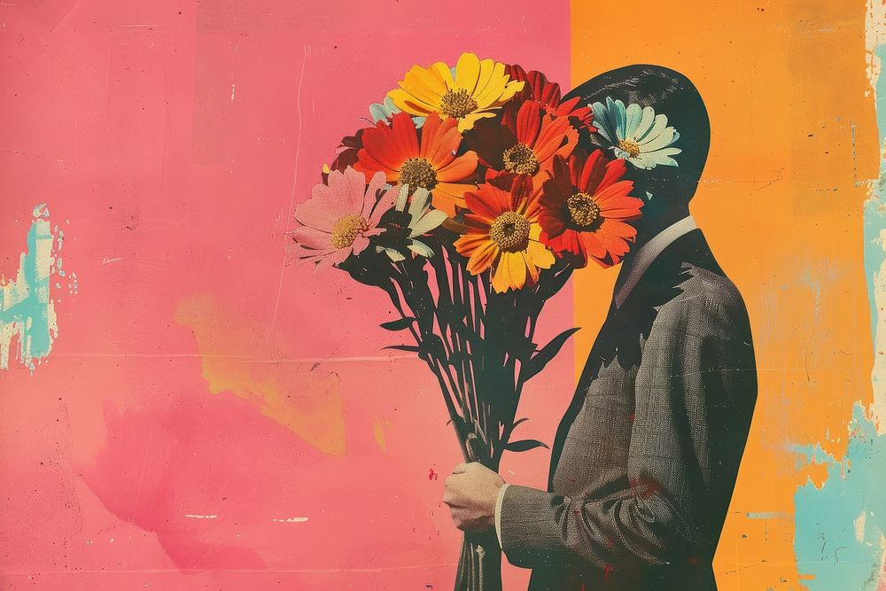 Retro collage of a man flower art painting.