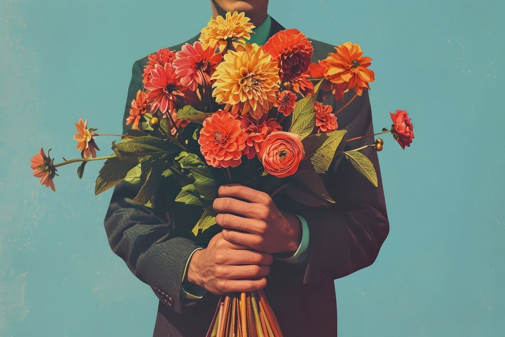 Retro collage of a man flower art holding.