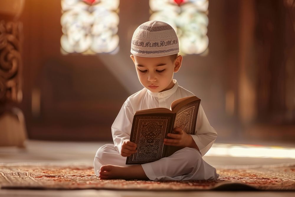 Muslim children reading worship person.