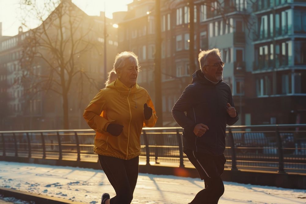 Older man and woman jogging running adult.