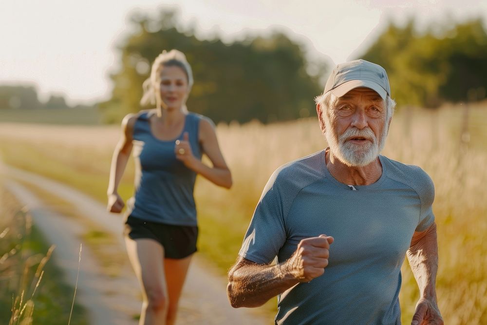 Older man and woman jogging running adult.