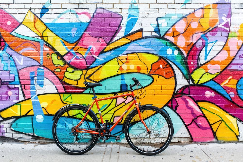 A bike leaning against a wall art transportation graffiti.