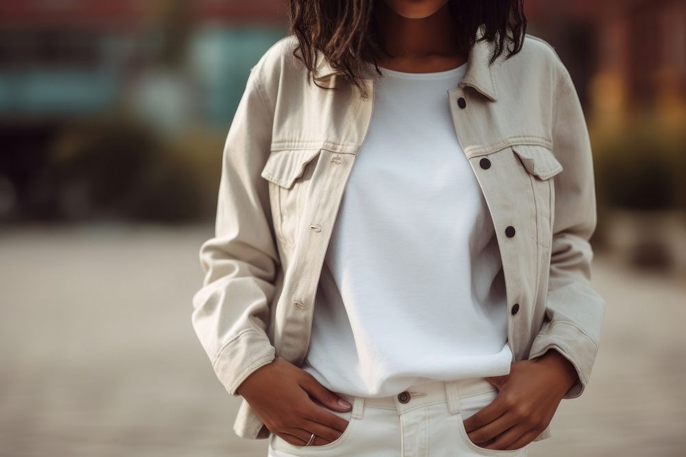 White denim jacket mockup apparel clothing blazer.