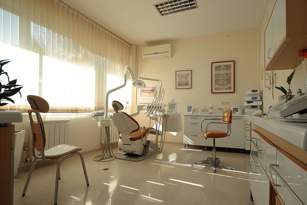 Dental clinic examination room architecture furniture hospital.