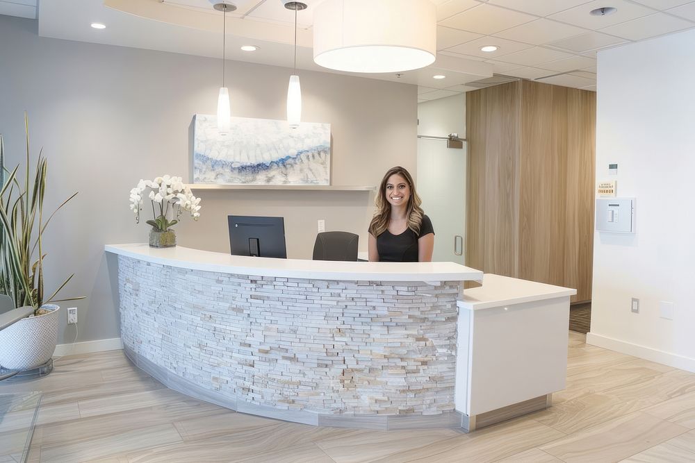 Dental clinic reception area architecture furniture building.