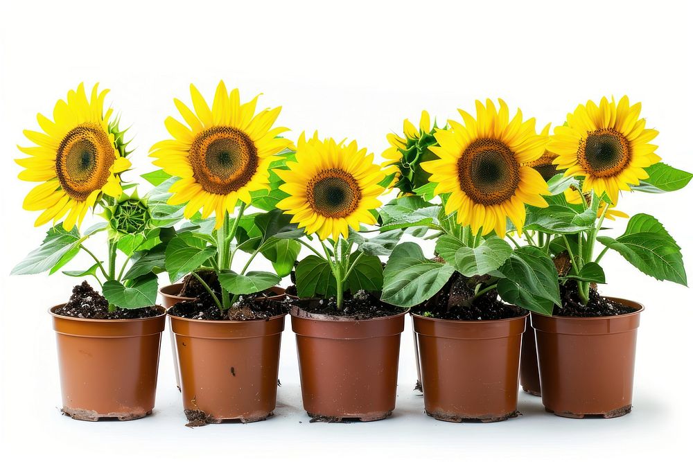Growing sunflower plants in multiple pots white background inflorescence arrangement.
