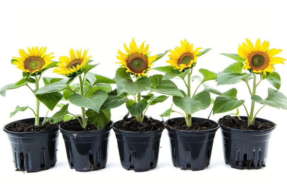 Growing sunflower plants in multiple pots leaf white background inflorescence.