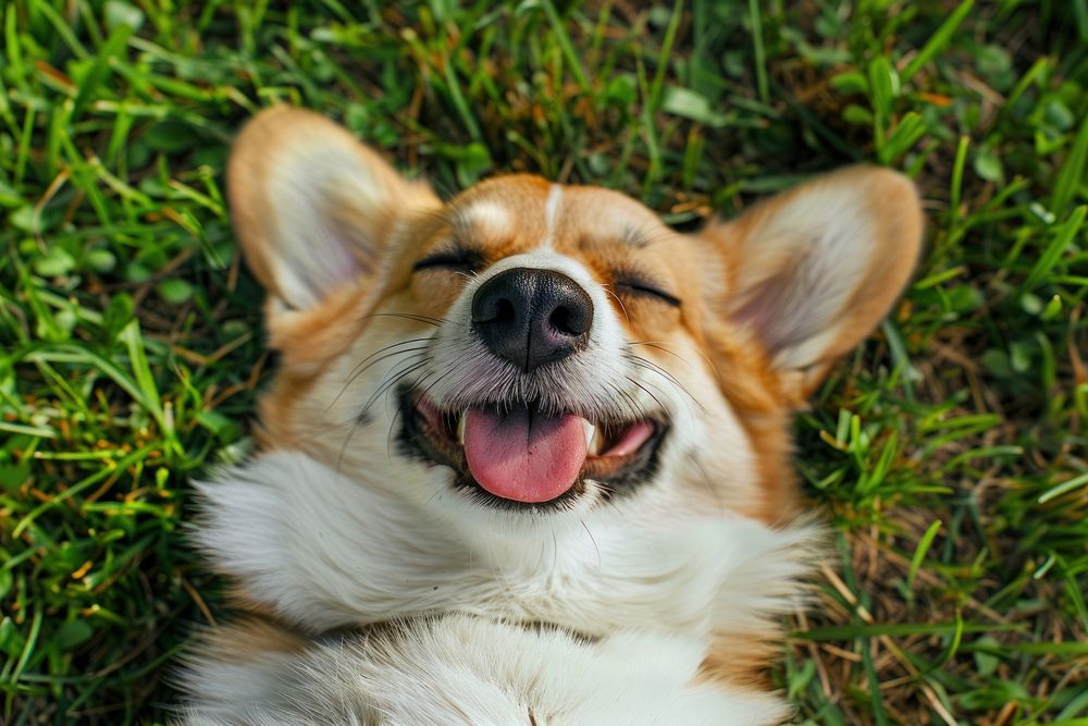 Smiling welsh corgi pembroke grass dog outdoors.