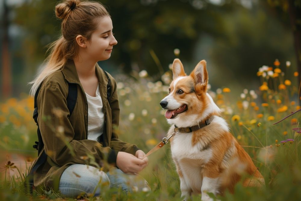 Welsh corgi on a leash dog mammal animal.