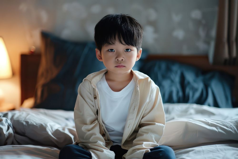 Asian boy looking tired sitting on bed portrait child photo.