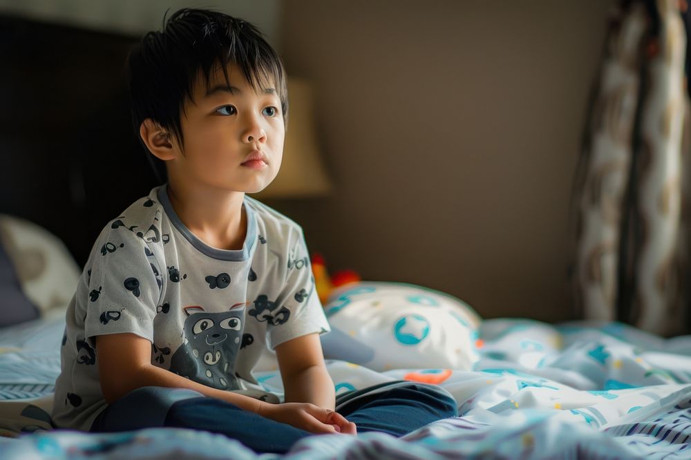 Asian boy looking tired sitting on bed child concentration comfortable.